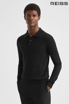 Reiss Black Trafford Merino Wool Polo Shirt (N40591) | SGD 270