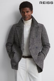 Reiss Black/Brown Brag Wool Double Breasted Check Coat (N40594) | SGD 959