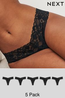 Black Thong Floral Lace Knickers 5 Pack (N40830) | OMR9