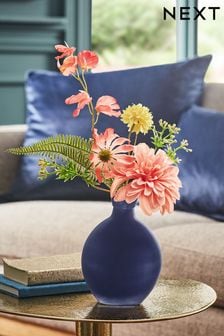 Coral Pink Artificial Dahlia Arrangement In Teal Vase