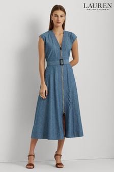 Lauren Ralph Lauren Blue Denim Belted Cap Sleeve Dress (N41192) | €229