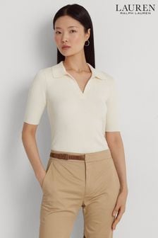 Lauren Ralph Lauren Cream Rib Knit Cotton Blend Polo Shirt (N41198) | 213 €