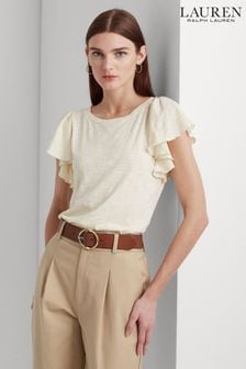 Kremowy - Lauren Ralph Lauren Afrodille Ruffle Sleeve Jersey T-shirt (N41227) | 280 zł