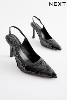 Black Forever Comfort® Sequin Point Toe Slingback Heels (N41712) | ₪ 140