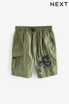 Khaki Green Dragon Embrodiary Pull On Shorts (3-16yrs) (N41741) | SGD 19 - SGD 28