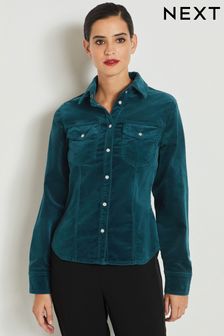 Teal Blue Velvet Cord Fitted Shirt (N41772) | 215 QAR