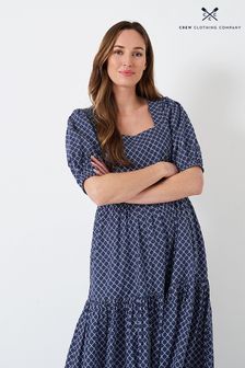 Crew Clothing Company Blue Multi Geometric Print Cotton  A-Line Dress (N41911) | €56