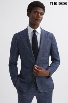 Reiss Indigo Barrett Slim Fit Single Breasted Wool-Linen Check Blazer (N42251) | $527