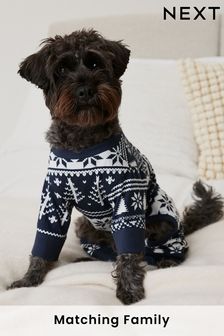 Bleu marine en jacquard - Pyjama de Noël en coton pour animaux de compagnie assorti (N42290) | €9