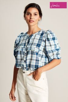 Joules Blue Clarabelle Button Through Blouse With Frill (N42346) | €36