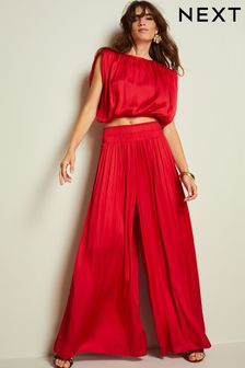 Red Satin Wide Leg Trousers (N42776) | $80