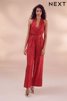 Red Sequin Halter Tailored Jumpsuit (N42782) | €48.50