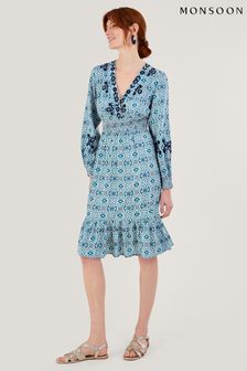 Monsoon Blue Faye Geometric Print Embroidered Dress in LENZING™ ECOVERO™ (N42963) | 53 €