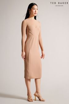 Ted Baker Ivylou Bodycon Nude Midi Dress With Sheer Panels (N43066) | €94