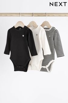 Black/Cream Long Sleeve Baby Bodysuits 3 Pack (N43229) | €19 - €21
