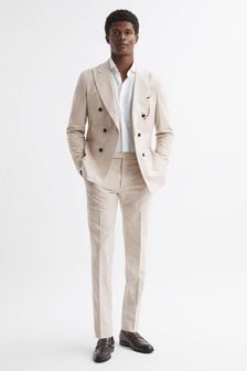 Reiss Oatmeal Craft Slim Fit Cotton-Linen Check Adjustable Trousers (N43508) | $279