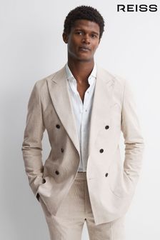Reiss Oatmeal Craft Double Breasted Cotton-Linen Check Blazer (N43509) | LEI 2,459