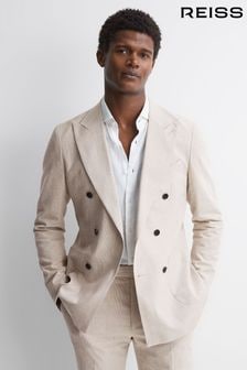 Reiss Oatmeal Craft Slim Fit Double Breasted Cotton-Linen Check Blazer (N43509) | $527