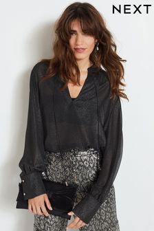Черная блестящая блузка с завязкой на шее (N43516) | €20