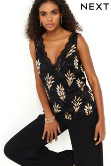 Black and Gold Textured Leaf Print Black and Gold Leaf Print Lace Trim Sleeveless Top (N43519) | €24