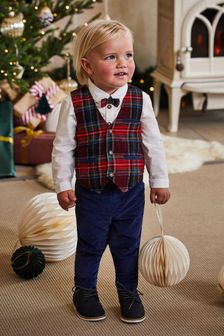 JoJo Maman Bébé Navy Boys' Tartan Waistcoat, Shirt & Cord Trousers Set With Bow Tie (N44040) | €66