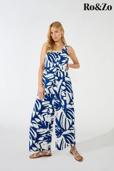Ro&Zo Navy Blue Palm Print Culotte Jumpsuit (N44120) | €56