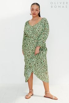 Зеленое платье миди со звериным принтом и V-образным вырезом Oliver Bonas (N44229) | €55