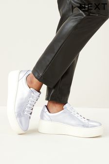 Silver Lace Up Signature Forever Comfort® Leather Chunky Wedges Platform Trainers (N44298) | 77 €