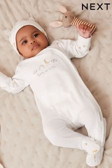 White Born in 2024 Baby Sleepsuit and Hat 2pc Set (0-9mths) (N44485) | €14