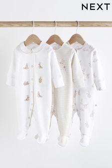 Neutral Bunny Delicate Appliqué Baby Sleepsuits 3 Pack (0-2yrs) (N44500) | 99 QAR - 109 QAR