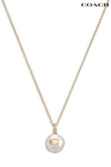 Coach Gold Tone Signature Coin Pearl Pendant Necklace (N44577) | 448 LEI
