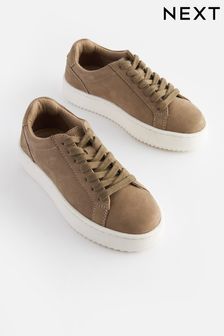 Neutral Stone Lace Up Leather Smart Trainers (N44902) | €36 - €46