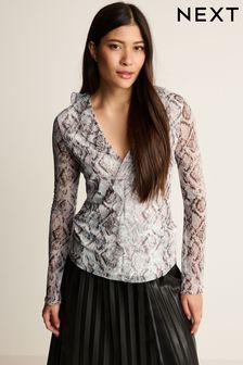 White Snake Print Long Sleeve Ruffle Front Mesh Top (N44903) | AED64