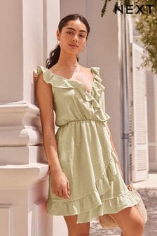 Washed Khaki Green Mini Wrap Summer Dress (N45005) | AED128