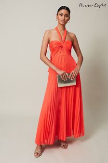 Phase Eight Orange Evangeline Pleated Halterneck Maxi Dress (N45055) | €159