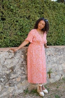 Оранжевое платье миди с цветочным принтом и присборенной талией Live Unlimited (N45103) | €51