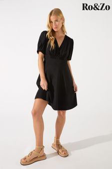 Ro&zo V-neck Shirred Detail Black Shirt Dress (N45251) | 54 €