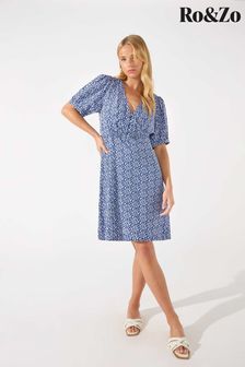 Ro&Zo Blue Ditsy V-Neck Shirred Detail Short Dress (N45252) | €43.50
