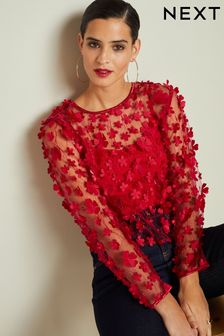 Red Long Sleeve Sparkle Floral Embellished Top (N45268) | $93