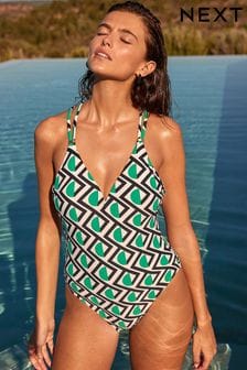 Grün mit geometrischen Muster - Tief ausgeschnittener, bauchformender Badeanzug mit Riemchendesign hinten und Bügeln (N45275) | 51 €
