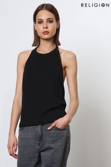 שחור - חולצת ג'רזי גב חשוף עם חרוזים וצווארון קולר של Religion (N45353) | ‏201 ‏₪