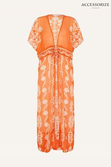 Accessorize Orange Ornamental Printed Maxi Chiffon Kimono (N45532) | DKK227