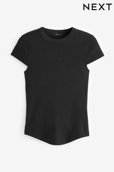 Črna - Rebrasta majica s kratkimi rokavi in ukrivljenim ovratnikom (N45661) | €7