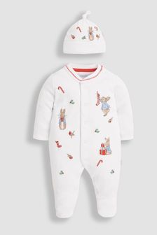 JoJo Maman Bébé Peter Rabbit Christmas Cotton Baby Sleepsuit & Hat Set