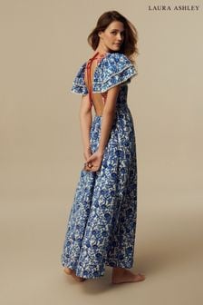 Niebieska i biała - Sukienka maxi Laura Ashley bez pleców (N46122) | 475 zł