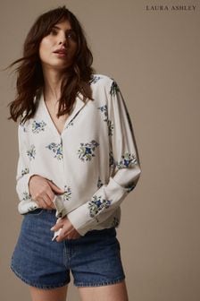 Laura Ashley White/Blue Viscose Collar Revere Blouse (N46127) | €43