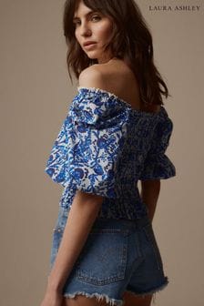 Blue/White - Laura Ashley Puff Sleeve Shirred Bardot Top (N46138) | kr620