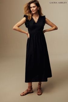 أسود - فستان ميداكسي من الكتان وبحواف الدانتيل من Laura Ashley (N46167) | 249 ر.س