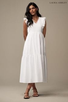 Biały - Laura Ashley Linen Blend Lace Trim Midaxi Dress (N46170) | 245 zł