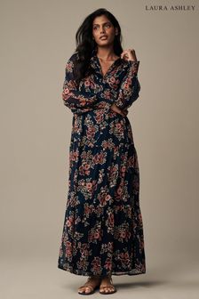 Navy Tuttington Floral - Laura Ashley Chiffon Ruffle Shirt Maxi Dress (N46185) | €78
